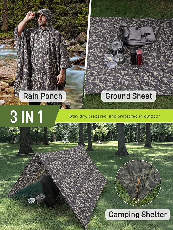 SaphiRose Extra Thick Hooded Rain Poncho Double Layer Waterproof Raincoat Jacket for Men Women Adults