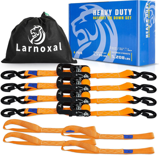 Ratchet Straps 4 Pack - 5,208 Lbs Break Strength 1.5 in x 8.2 Ft Heavy Duty Ratchet Tie Down Straps with S Hooks Set for Truck, Cargo Van, Trailer, Motorcycle (Orange)