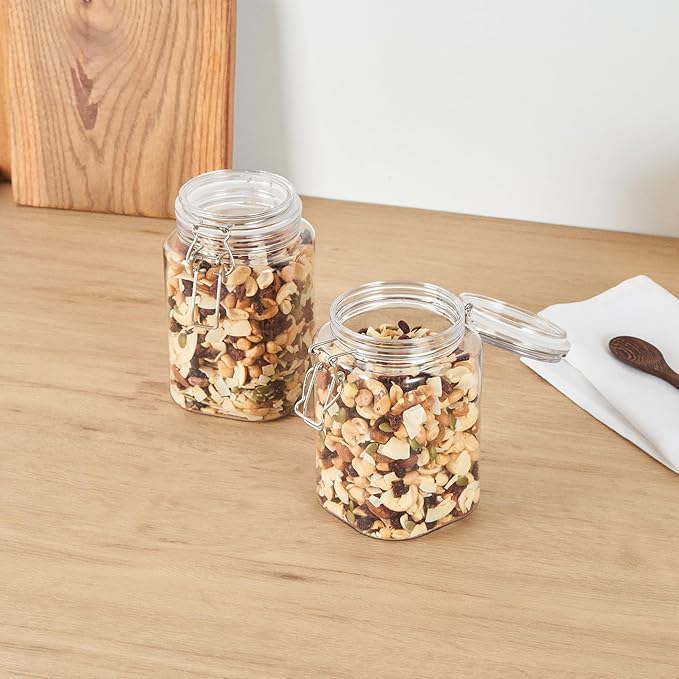 Met Lux 43 Ounce Hinged Food Storage Jars, 20 Airtight Jars With Lids - Rubber Gasket, Wide Mouth, Clear Plastic Square Canisters, Freezable, For Kitchen And Pantry Storage - Restaurantware