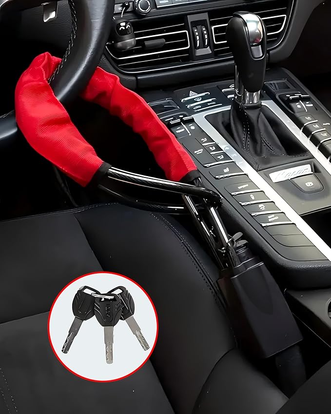 Car Steering Wheel Lock, Seat Belt Lock,O-MKAC Anti-Theft Device, Maximum Length 17 Inch, 3 Keys, Multi-Function, Suitable for Most Vehicles, SUV, Golf Cart Security (Red)
