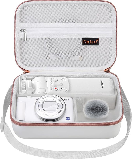 Canboc Carrying Camera Case for Sony ZV-1/ZV-1F/ZV-1 II Vlog Digital Camera & Vlogger Accessory Kit Tripod, Travel Storage Bag with Strap, Mesh Pocket fit Cable, White