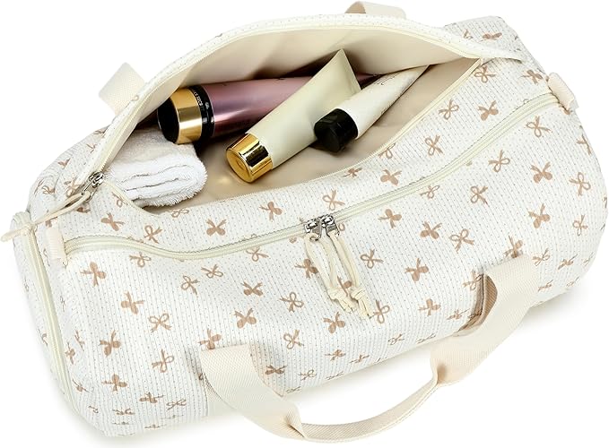 Gym Bag Sports Duffle Bag with Wet Pocket Weekender Overnight Bags with Waterproof Shoe Pouch and Air Hole for Girls Kids Women Workout Travel Bags (Brown Bow - Beige)