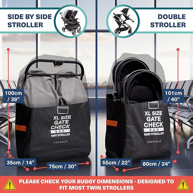 Bramble Extra Large Gate Check Stroller Bag for Airplane | 600D Oxford, Waterproof, Padded Adjustable Strap Single & Double Stroller Travel Bag for Airplane - Black