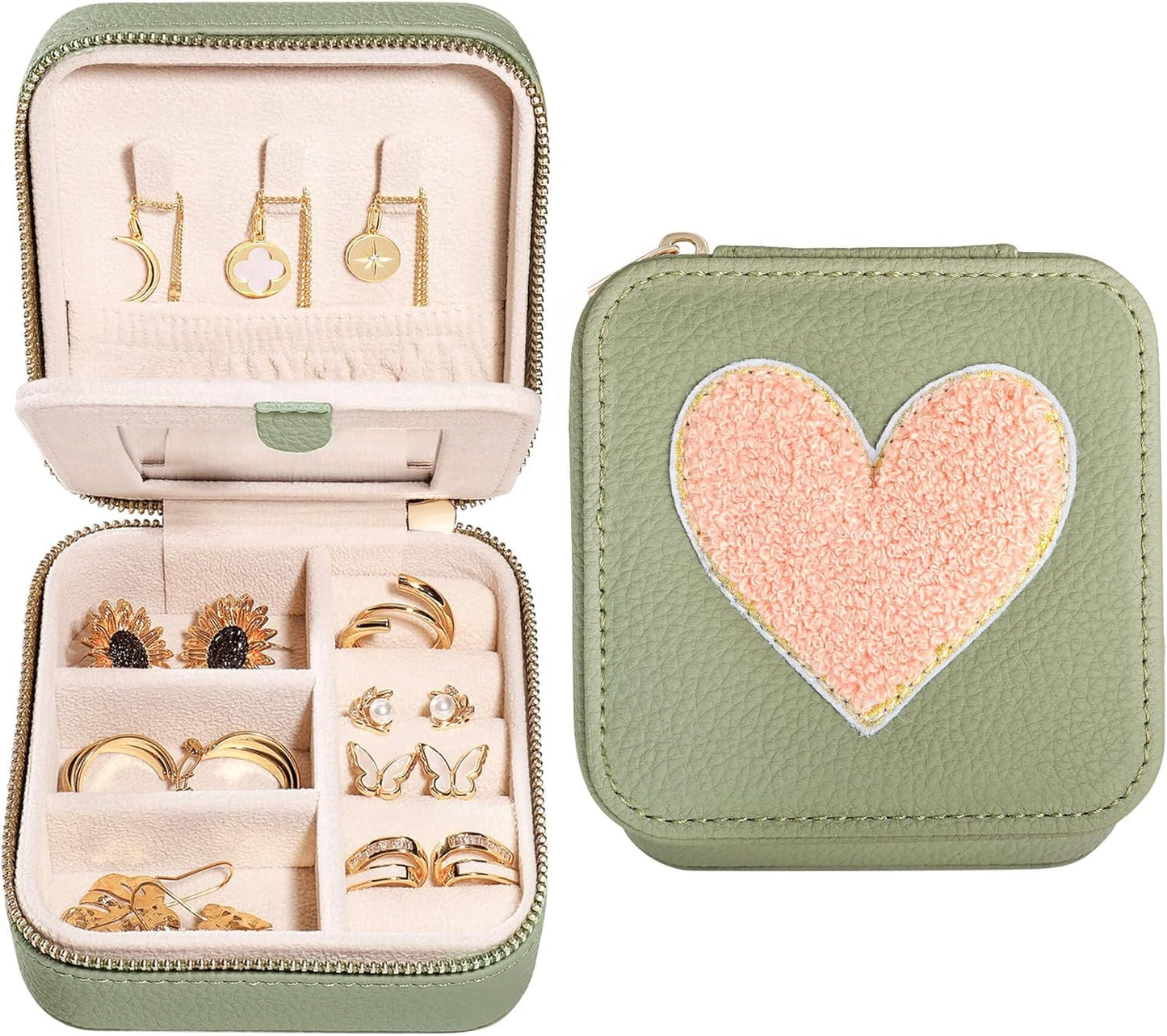 S.Leaf Travel Jewelry Organizer Travel Jewelry Boxes for Women Small Jewelry Travel Case Box Portable Travel Jewelry Case Travel Case Mini Jewelry (03_Lychee_Heart)