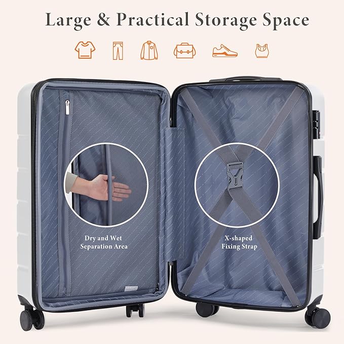 Sweetcrispy Carry on Luggage, Hard Shell ABS Suitcase with Double Spinner Wheels, Lightweight Expandable Rolling Suit Case with TSA Lock, 20 Inch Cream White