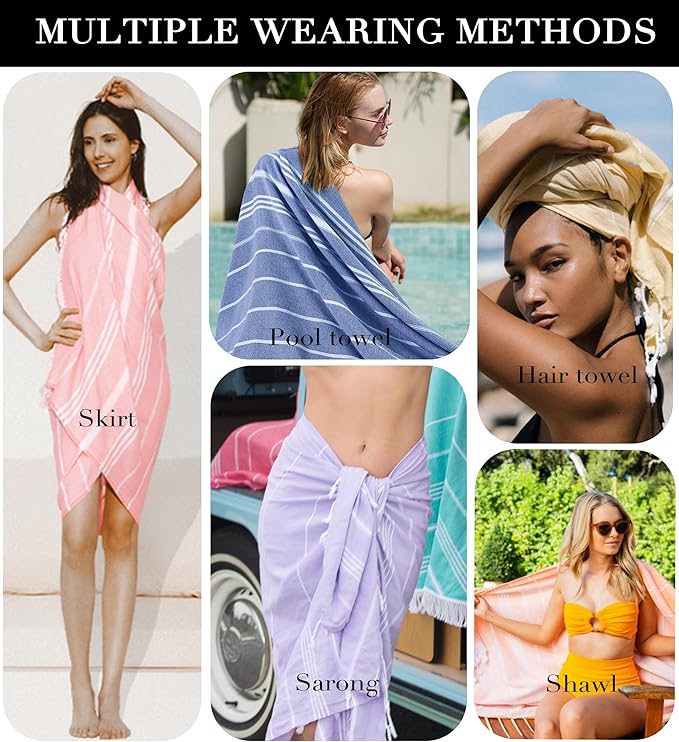2 Packs Cotton Turkish Beach Towels Swim Towel Compact Oversized Sand Free Quick Dry Thin Luxury Best Organic Linen Toallas De Playa Travel Essentials Camping Blanket Hot Tub Spa Accessories