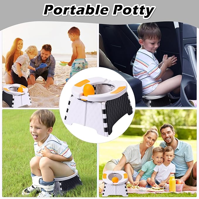 Foldable Travel Potty for Toddlers, Portable Potty Chair with Bag & 30 Pouches - Kids Toilet for Car, Camping, Indoor Outdoor - Splash-Proof Design, Easy Clean Training Seat (White)