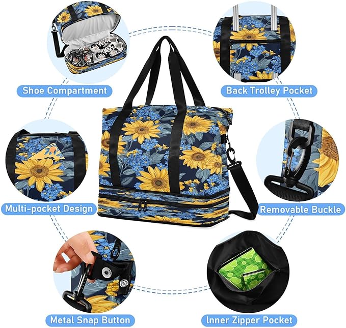 CEBUGI Sunflower Forget Me Sports Duffle Bags Extensible Gym Bag Wet and Dry Separate Portable Travel Duffel with Shoe Compartment & Wet Pocket
