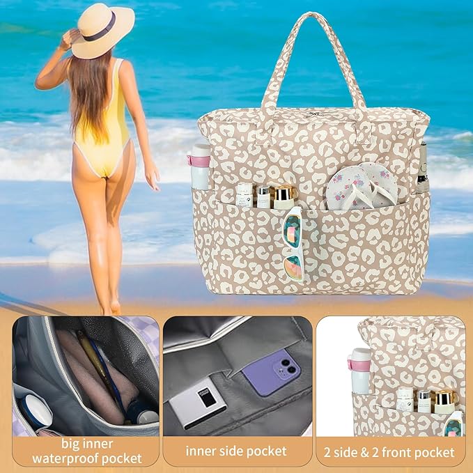 LEDAOU Large Beach Bag Women Waterproof Sandproof Zipper Beach Tote Pool Bag for Swim Gym Grocery Travel with Wet Pocket | Waterproof, Sandproof, Zipper, Pool, Gym, Grocery