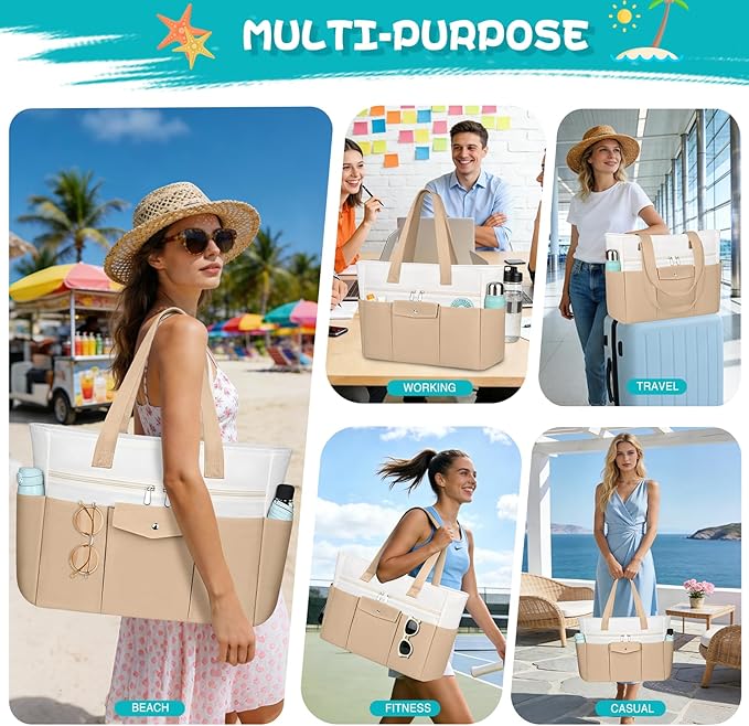 Beach Bags for Women Large Canvas Beach Tote with Zipper Wet Pocket, Waterproof Foldable Swim Pool Travel Tote Bags