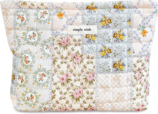STARDW Cute Cotton Quilted Makeup Bag Cosmetic Bags for Women and Girls,Travel Toiletry Bag Floral Makeup Zipper Pouch, Purse Organizer Pouches,Canvas Lining (Cotton Floral)