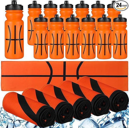 24 Pcs Sport Party Favors Include 12 Pcs 20 oz Plastic Soccer Football Basketball Water Bottles Bulk 12 Pcs 40"x12" Softball Baseball Cooling Towels for Soccer Sport Team Gift