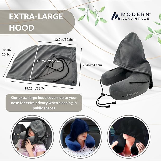 Modern Advantage Inflatable Travel Pillow for Airplanes with Comfort Hood, Adjustable Neck Support, Lightweight & Compact Flight Pillow for Sleeping on Long Flights & Travel (Grey)