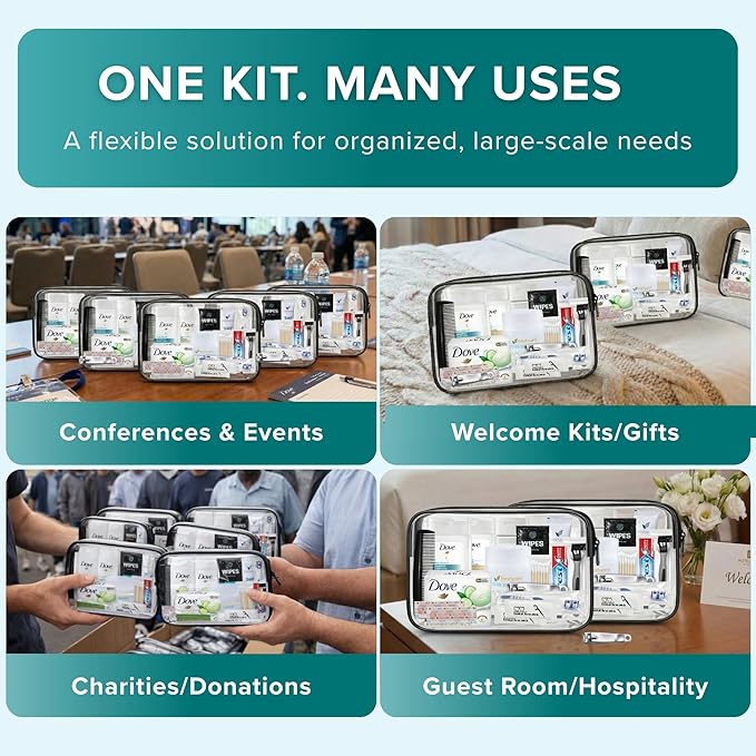 TrekTote 20 Piece Hygiene Kit Bulk, Travel Size Toiletries Set, Homeless Care Package Supplies, Mini Deodorant Shampoo Body Wash Toothbrush Toothpaste Razor Kit, TSA Approved, Clear Bag