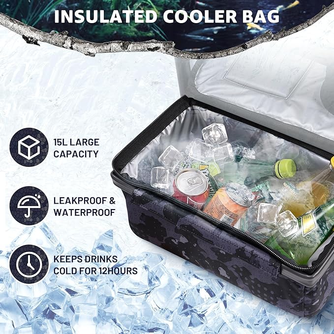 X Strike Heated Fishing Chair with Rod Holder Cooler Bag Storage Bag Shoulder Strap and Adjustable Feet, 350LBS Heavy Duty Folding Ice Fishing Chair for Adults Outdoor Camping (Battery Not Included)