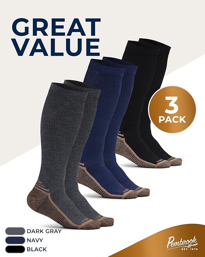 Pembrook 3 Pairs Copper Mens Compression Socks 20-30 mmHg, Running, Hiking, Athletic Cycling, Travel | Circulation Support