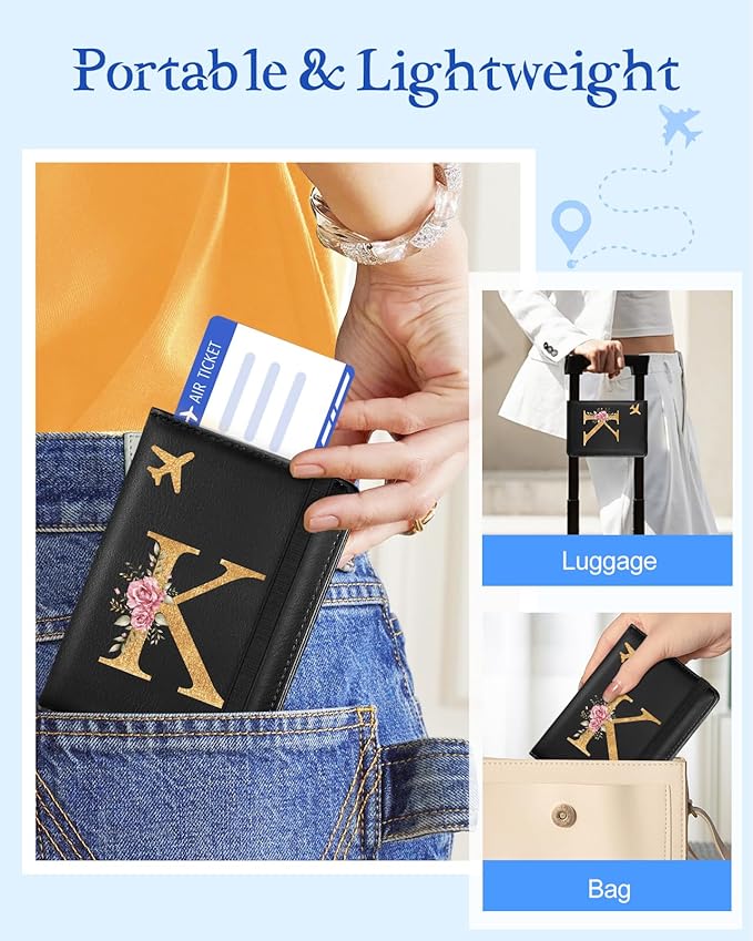 Slohif Initial Passport Holder Cover Wallet Case for Travel Women - Leather Letter Passport Book Family Multiple Personalized Organizer Slim Carrier Card Slots Protector Sleeve Essentials Black K