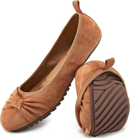 Ecetana Womens Flats Shoes Dressy: Round Toe Bowknot Suede Foldable Ballet Flats Comfortable Casual Slip On Loafers