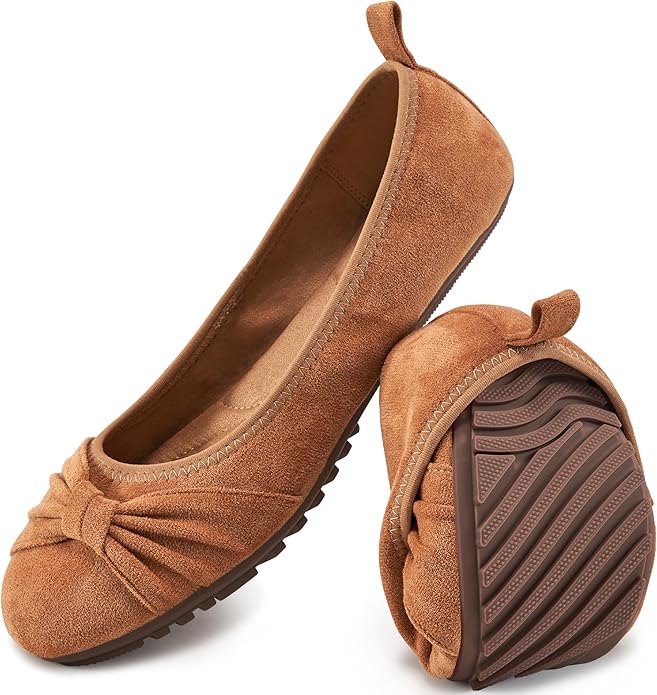 Ecetana Womens Flats Shoes Dressy: Round Toe Bowknot Suede Foldable Ballet Flats Comfortable Casual Slip On Loafers