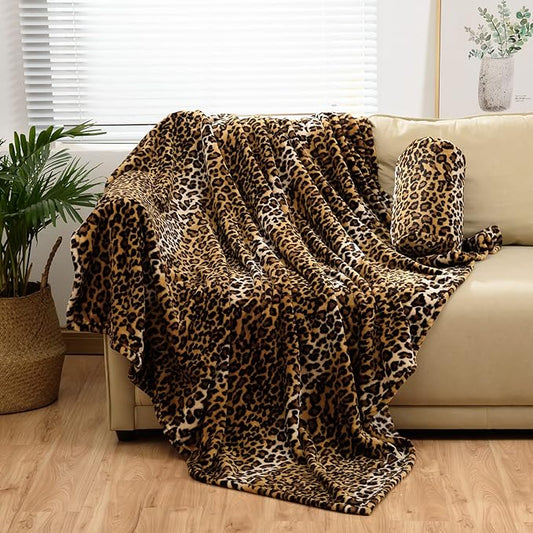 Bnuitland Leopard Print Fleece Flannel Throw Blanket with Storage Pouch for Bed Sofa Travel, 300 GSM Double Sided Super Soft Fuzzy Fluffy Cheetah Print Blanket for Adults and Kids, 50×60 inch