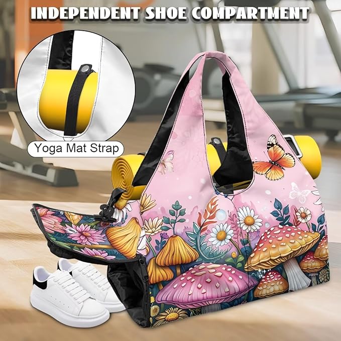 Small Duffle Bag for Women with Yoga Mat Holder, Mushroom Workout Bag with Inner Pocket, Shoe Compartment, Weekend Bag Ventilated Lightweight Totes for Birthday Gift