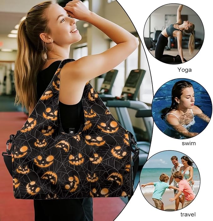 Halloween Pumpkin Face Travel Duffel Bag for Women Large Capacity Overnight Bag with Shoe Compartment Lightweight Sports Fitness Hospital Carry on Bags Black Halloween Costumes