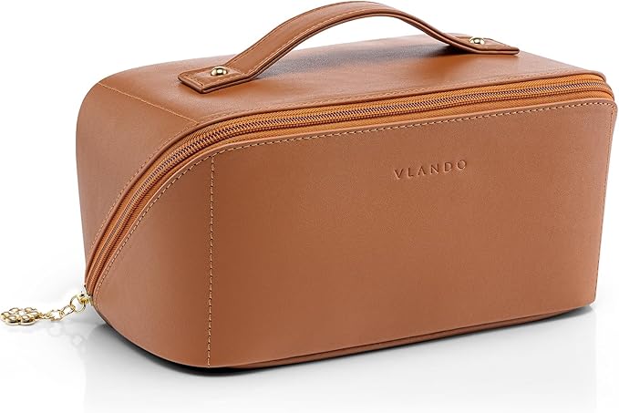 VLANDO Makeup Bag,Travel Toiletry Bag,Cosmetic Bag for Women PU Leather Portable Make up Bag for Skincare, Brushes & Travel Essentials-Brown
