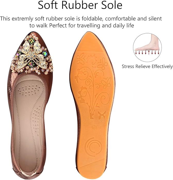 KUNWFNIX Women Ballet Flats Rhinestone Wedding Ballerina Shoes Foldable Sparkly Comfort Slip on Flat Shoes