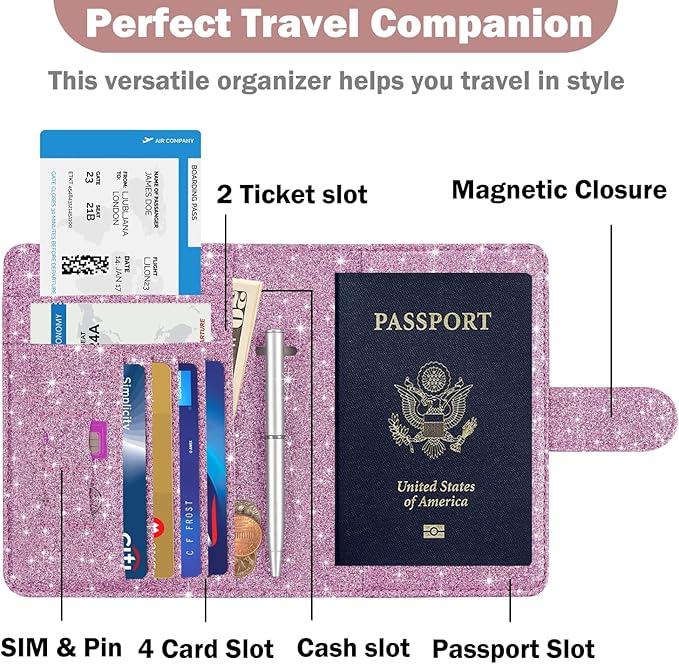 HOTCOOL Passport Holder Travel Essentials Airplane & Cruise Essentials Ship Leather Wallet Cover Case RFID Blocking Women & Men Vacation Travel Accessories Gifts Deals, Glitter - Purple
