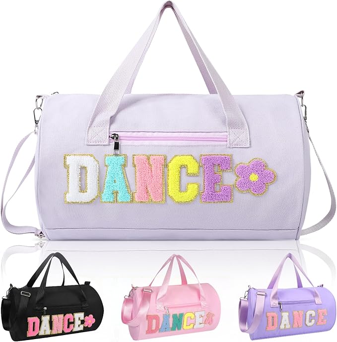 Dance Bag for Girls, KUIRAN 23L Travel Duffel Bag with Colorful Chenille Letter, Lightweight Small Gym Sport Ballet Weekender Bag with Large Main Compartment - Purple