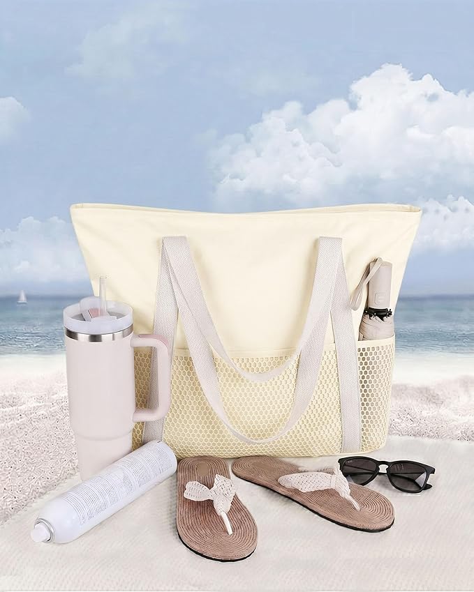 HOMESPON Beach Bag Large Waterproof Sandproof Tote for Women with Zipper and Mesh Pockets