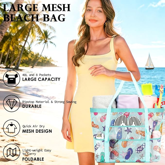 Mesh Beach Bag, Large Beach Tote with Zipper Pocket, Toys Pool Bag for Family Travel Vacation Cruise Essentials