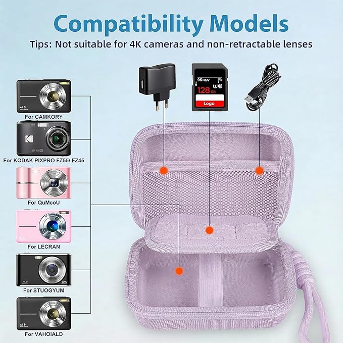 Digital Camera Case Compatible with VAHOIALD FHD 1080P/ for CAMKORY Digital Point and Shoot/for KODAK PIXPRO FZ45-BK 16MP Vlogging/for IWEUKJLO/for Nsoela, Holder for SD Card More (Purple)