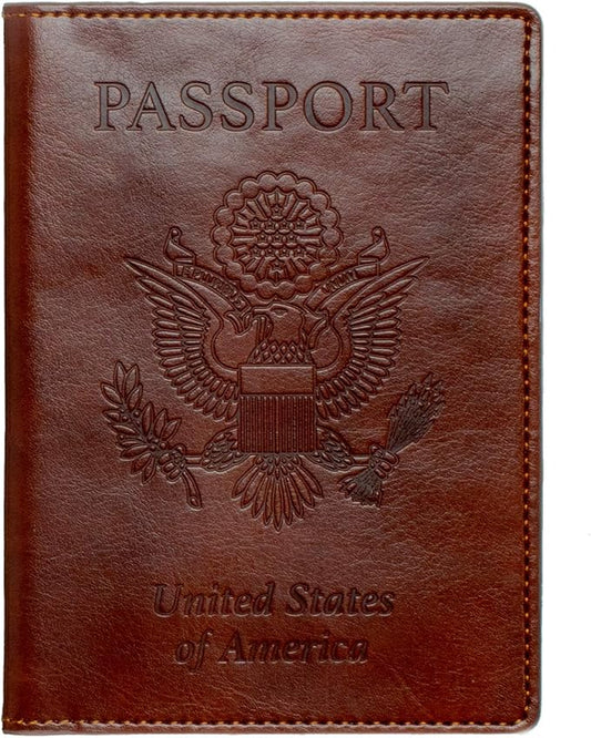 Eccolo Travel Passport Cover Case with Document Holder Storage Pocket, Travel Must Have with Premium Embossed Synthetic Leather, USA Passport Design, (Brown, 5.5x4 inches)