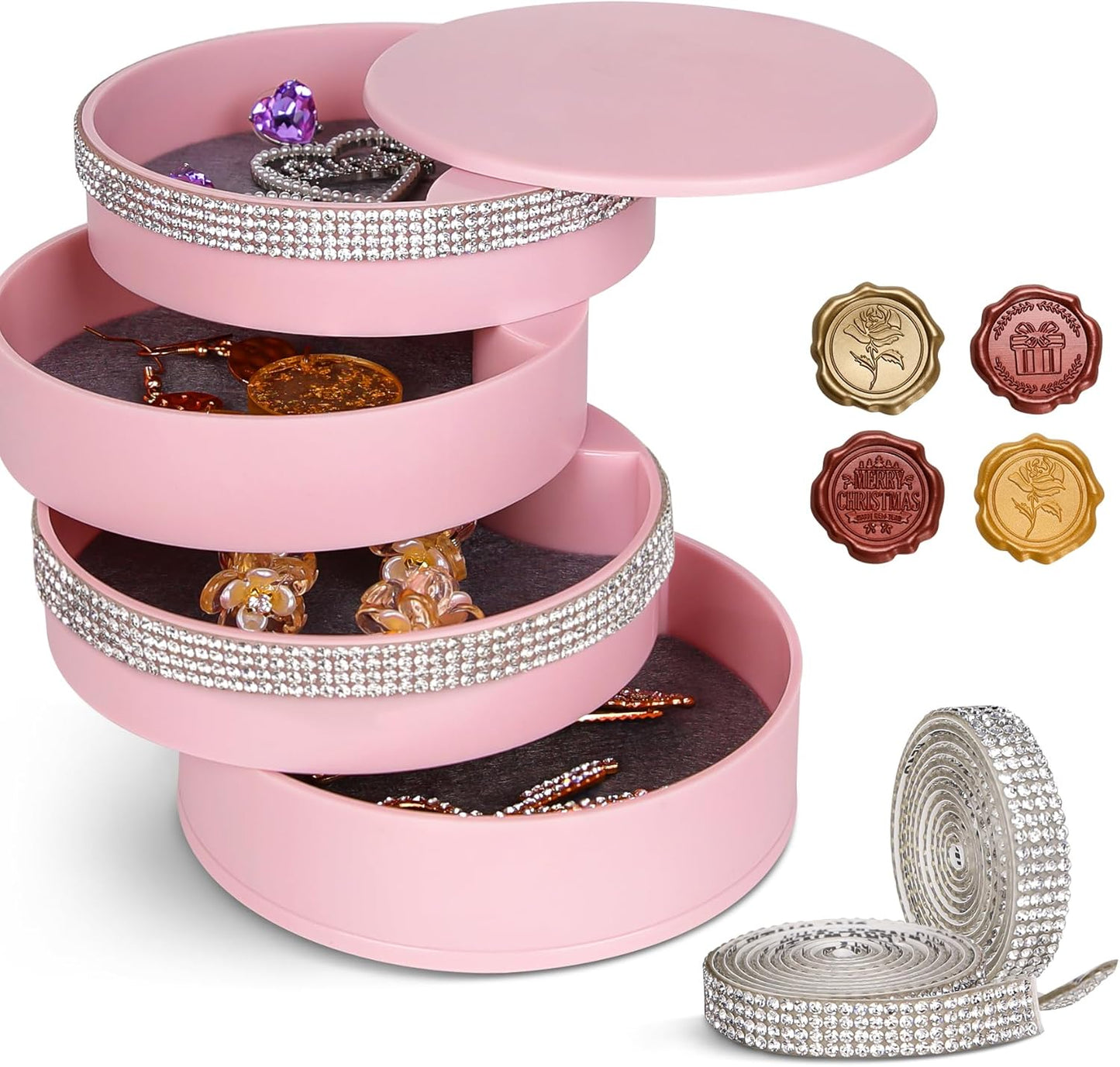 CONBOLA Jewelry Holder Organizer, Christmas Gifts Ideas for Women, Small Jewelry Storage Box Earring Holder, 5-Layer Rotating Jewelry Storage Tray with Lid for Bracelets Rings Bracelets