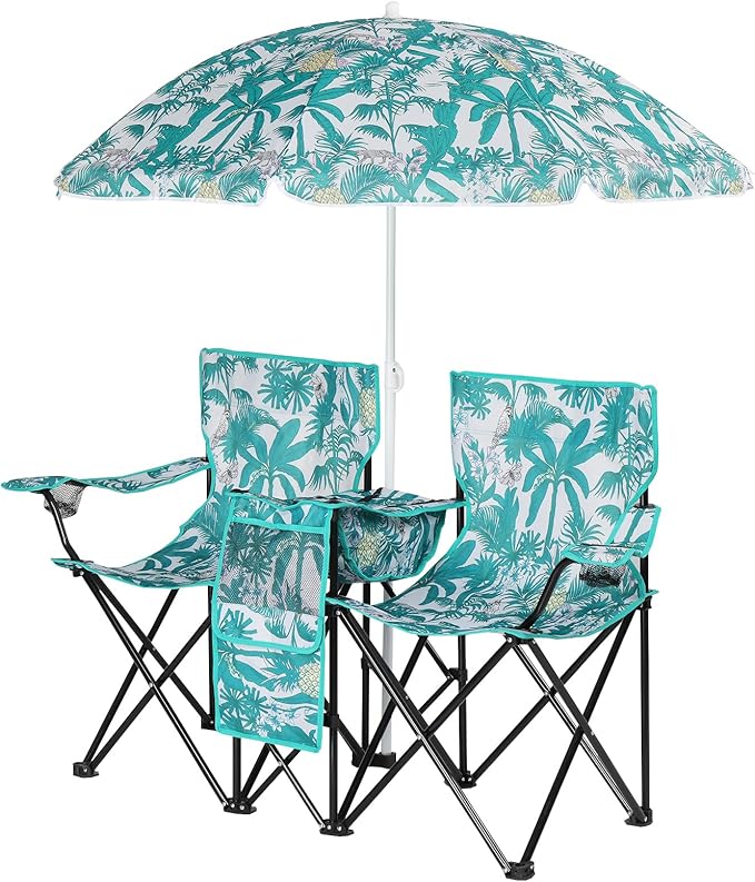 Double Folding Camping Chair W/Umbrella Fold Up Table Beverage Holder Carrying Bag Cooler for Patio Pool Park Outdoor Beach, Picnic, Portable (Pineapple)