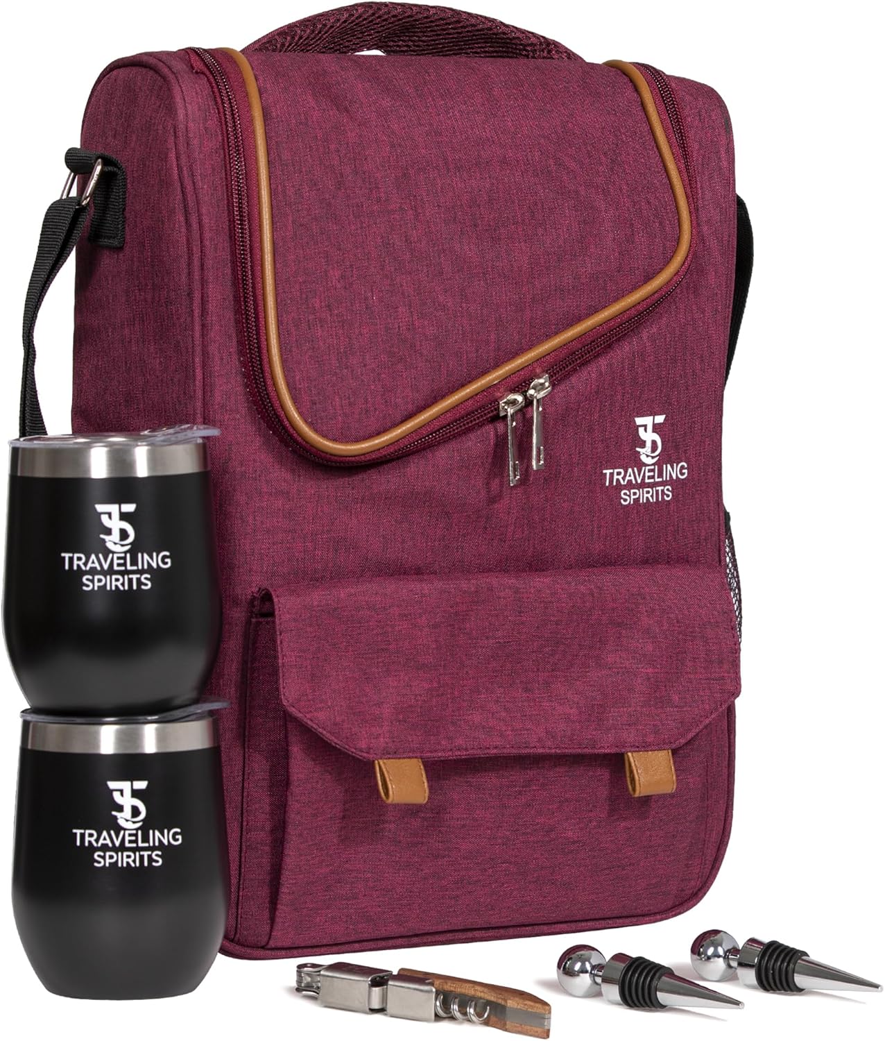 Insulated Red Wine Edition Carrier | 2-3 Bottle Travel Bag With Stainless Steel Tumblers | Cooler Tote for Travel - Great Gift for Wine Lovers (Red)