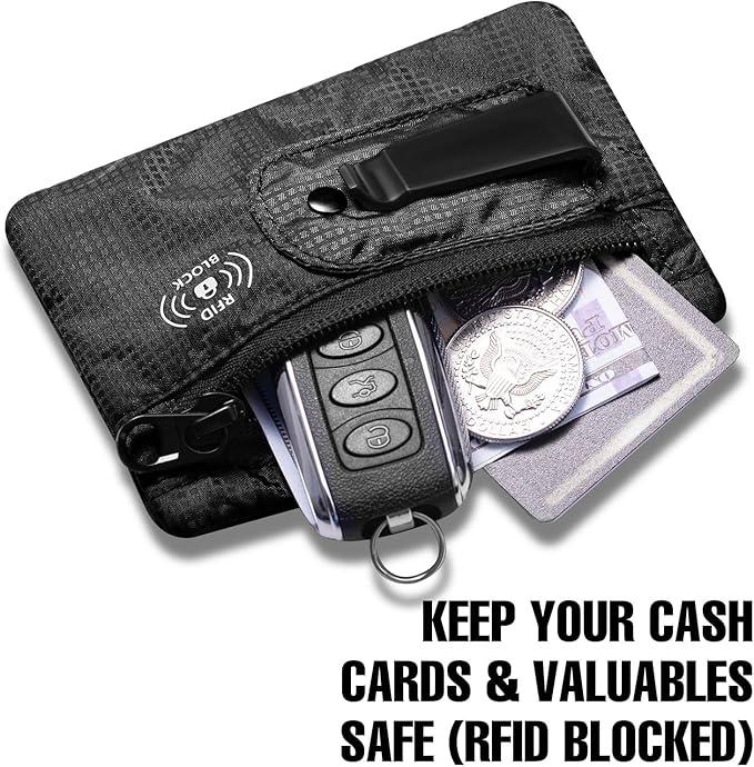 RFID Blocking Clip Stash Pocket, Compact Hidden Travel Belt Wallet for Cards & Cash - Slim Pickpocket-Proof Design for Everyday Carry (Black, Medium)