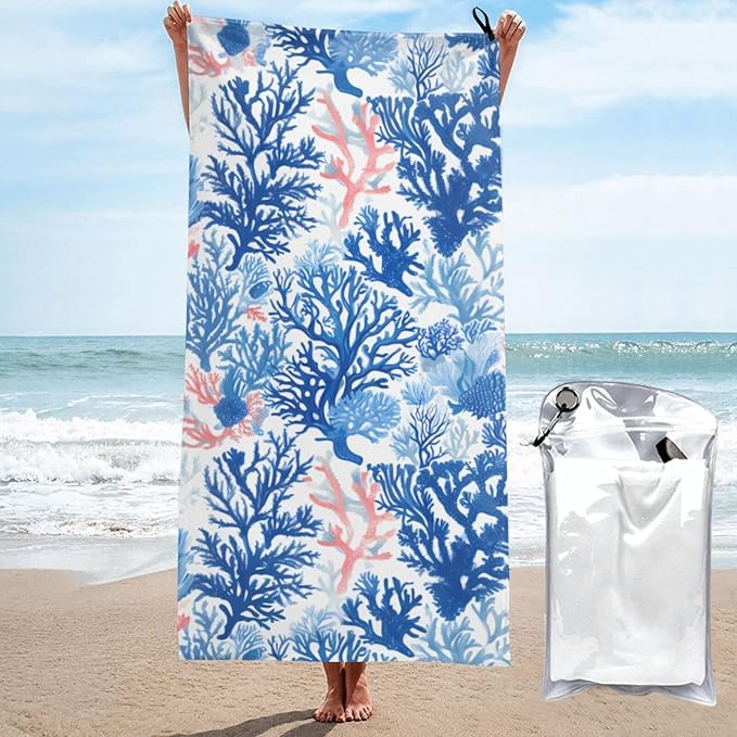 Blue Coral And Sea Pattern Sand Free Beach Towel – 27.5"X55" Quick Dry Microfiber Beach Towels For Travel, Swimming, Pool, And Camping, Absorbent And Compact Beach Essential For Women, And Men