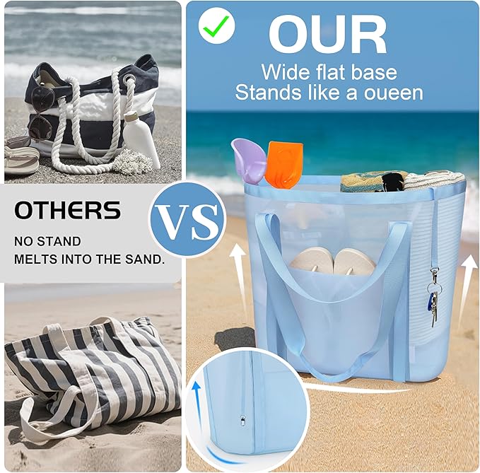 Mesh Beach Bag for Women with Towel Straps, Large Rinse-Through Beach Tote for Pool, Cruise & Vacation Essentials(Blue)