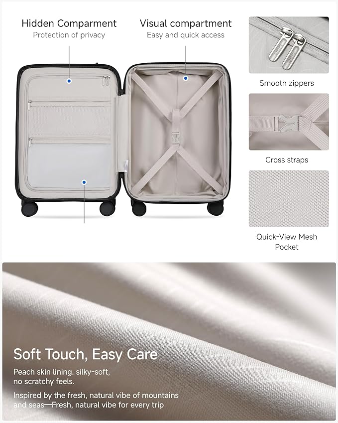 Carry On Luggage 22x14x9 Airline Approved, FLO5 Expandable Polycarbonate Suitcase with Front Pocket (FX-Core, Black, 20 Inch)