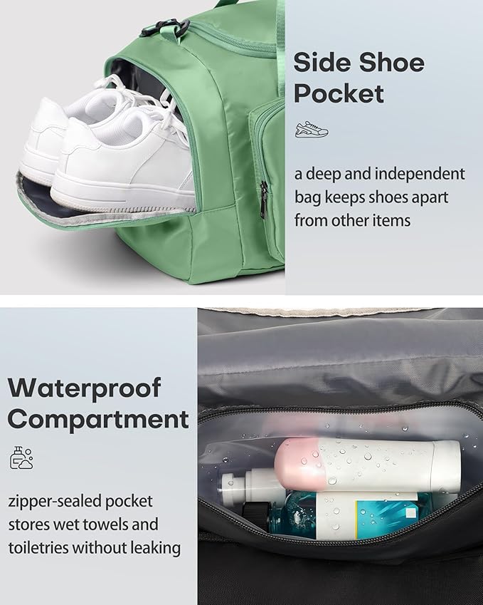 HOTOR Gym Bags for Men & Women - Spacious Duffle Bag with Shoe Compartment & Wet Pocket, Carry On Weekender Bag Portable Sports Duffel Bag for Workout, Fitness, Travel, Green, 20.5" x 11.0" x 10.6"
