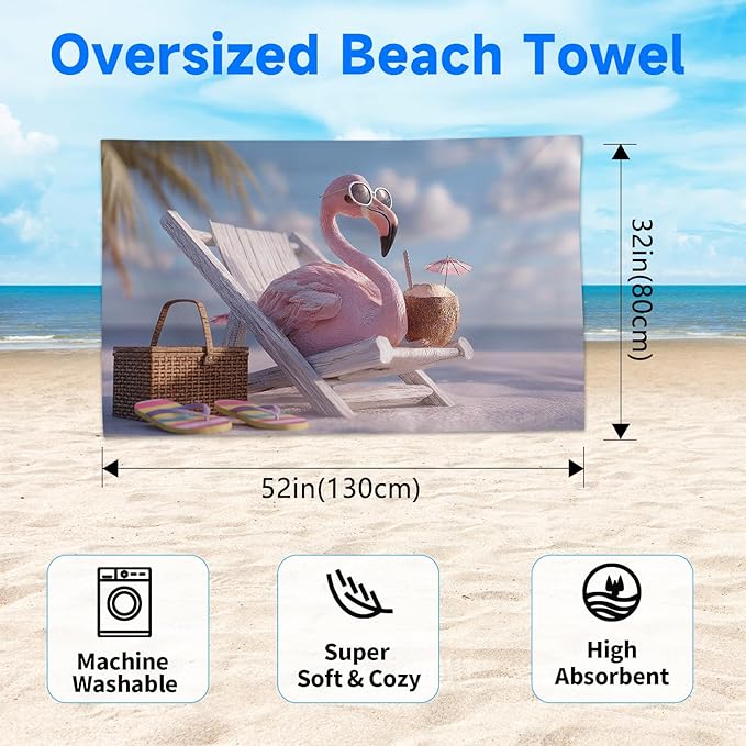 SARA NELL Flamingo Beach Towel, Pink Flamingo with Sunglasses and Coconut Drink Print, Summer Pool Beach Towel for Vacation, Quick Dry Lightweight, 32"x52"