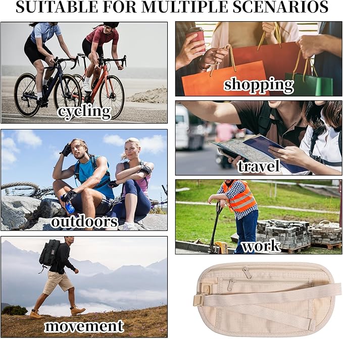 Unisex Money Belt for Men and Women Khaki RFID Security Pouch Anti-Theft Travel Money Belt Under Clothes Adjustable Strap Small Waist Pouch for Travel Running Hiking Cycling