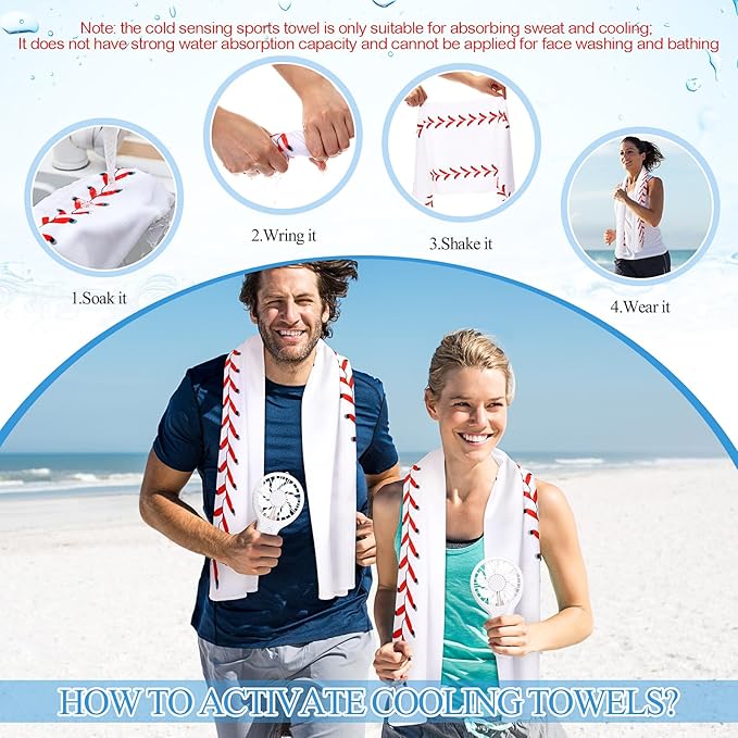 Woanger 24 Pcs Baseball Cooling Towels and Fans Sets Mini Handheld Fans Bulk 3 Speeds USB Lash Towel for Sporting Baseball Gifts for Team Games Party Favor