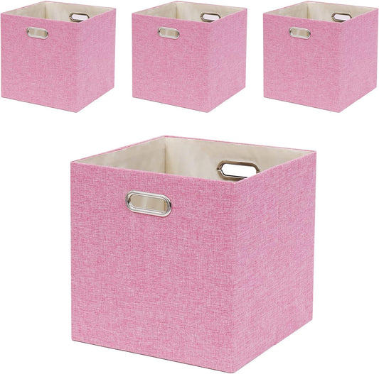 Pink Cube Storage Organizer Bins 13x13x13 Inch, 4 Pack Collapsible Organization Baskets with Handles, Thick Fabric Foldable Storage Boxes for Kallax Shelf Bookcase Closet Cabinet