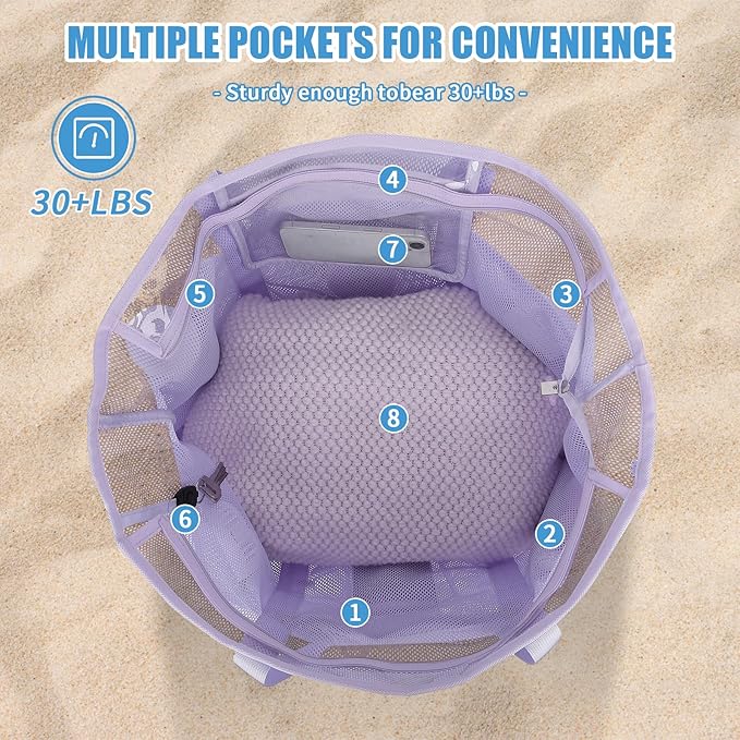 Mesh Beach Bag, Foldable Extra Large Beach Bags with Zipper Pool Bag with Portable Phone Pouch for Vacation Pool