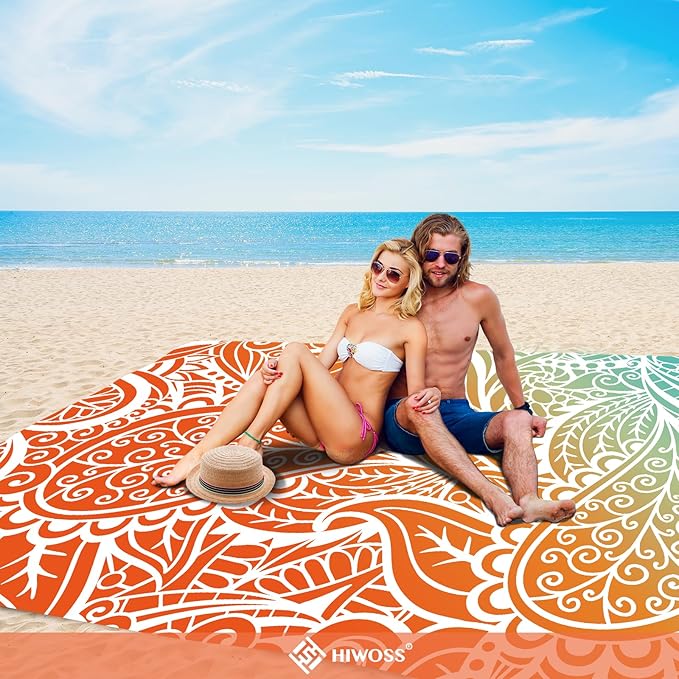 Beach Blanket Waterproof Sandproof Oversized 95”x 80”,Sand Free Beach Mat with Corner Pockets,Portable Mesh Bag for Beach Festival,Picnic,Travel and Outdoor Camping (Ombre Portland Orange)