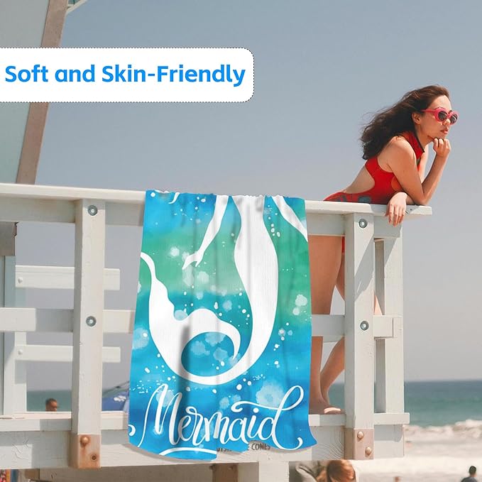 Microfiber Beach Towels,Watercolor Mermaid on Blue Green Sea Water Oversized Absorbent Bath Towels,Soft Quick Dry Thin Camping Towel for Adults Women Men,29.5"×59"