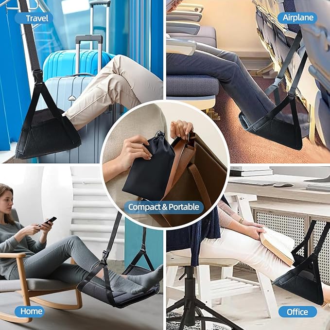 Foot Hammock for Plane Travel, No Collapse Airplane Foot Hammock with Bamboo Panel for Firm Support, Wide Leg Sling for Airplane Travel with Adjustable Straps